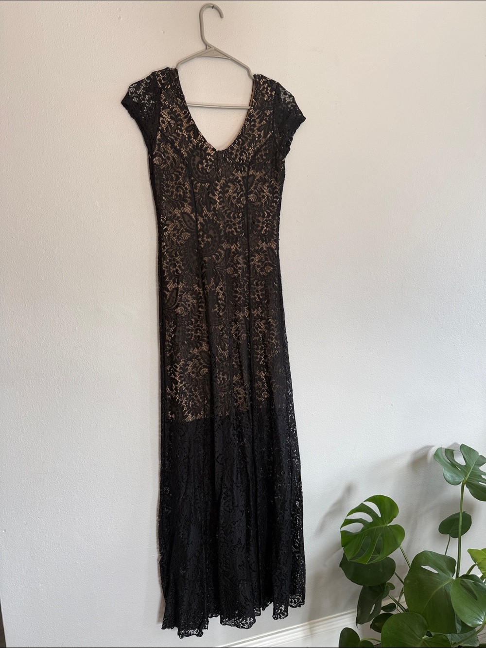 Black Lace Maxi Dress with Nude Lining